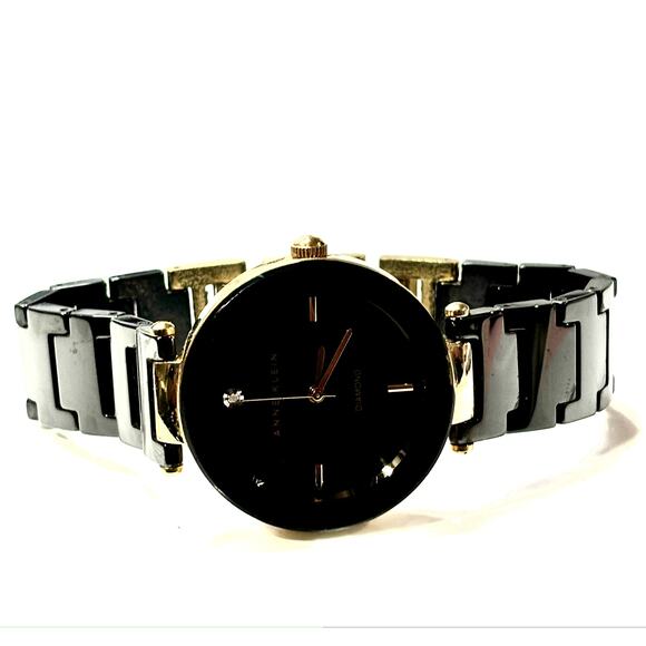 ANNE KLEIN Genuine Diamond Accent Black Ceramic Band Watch AK/1018BKBK - Picture 1 of 5